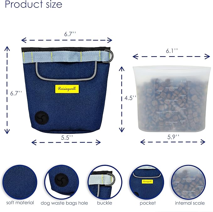 Raisingwell Dog Treat Pouch for Pet Walking and Training with Clicker 2 Cup Silicone Bag Small Fanny Pack Holder for Puppy Snack Dispenser Kit for Leash and Outdoor Use (Blue)