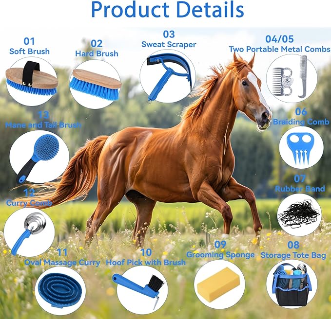 13 Piece Horse Grooming Kit, Horse Brushes for Grooming Supplies with Portable Bag, Horse Brush Set & Curry Comb for Effective Bathing and Massaging, Gift for Horses Riders Beginners (Blue)