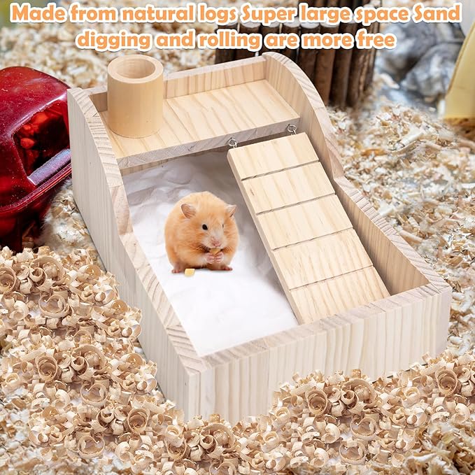 PINVNBY Hamster Sand Bath Box Wooden Shower Room Digging Sand Bathtub Container with Climbing Ladder Bowl Bathroom for Dwarf Syrian Mice Mouse Gerbils and Other Small Animals