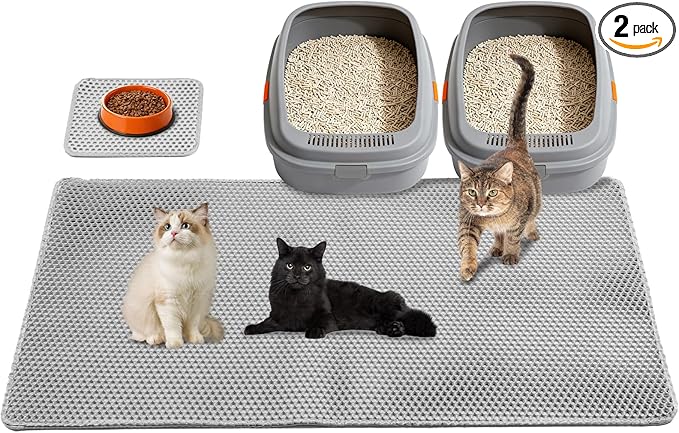 Cat Litter Mat 47"x26.5" Extra Large & 12"x12" Small, Double Layer Waterproof Trapping Mat for Home Travel, Non-Slip & Urine-Proof, Soft on Paws, Hold 2-3 Litter Boxes, XXL, 2-Pack(Grey)