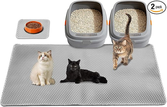 Cat Litter Mat 47"x26.5" Extra Large & 12"x12" Small, Double Layer Waterproof Trapping Mat for Home Travel, Non-Slip & Urine-Proof, Soft on Paws, Hold 2-3 Litter Boxes, XXL, 2-Pack(Grey)