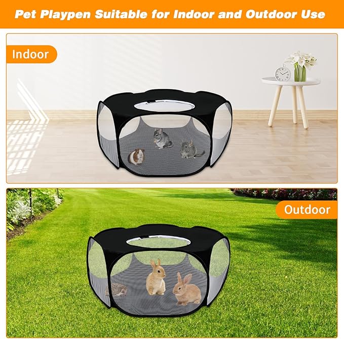 Rypet Collapsible Small Animal Cage Tent, Breathable Fabric Guinea Pig Playpen with Cover, Transparent Hamster Playpen Portable Pet Yard Exercise Fence for Reptile Rabbit Chinchilla Hedgehog(Black)