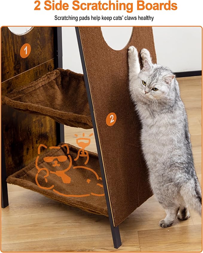 Modern Wood Cat Tree for Indoor Cats, 56 Inch Tall Cat Tower with Hammock, Multi-Level Trees with Perch Bed, 2 Hammock, Cat Condo, Scratching Board, Removable Pad, Cat Furniture, Rustic Brown
