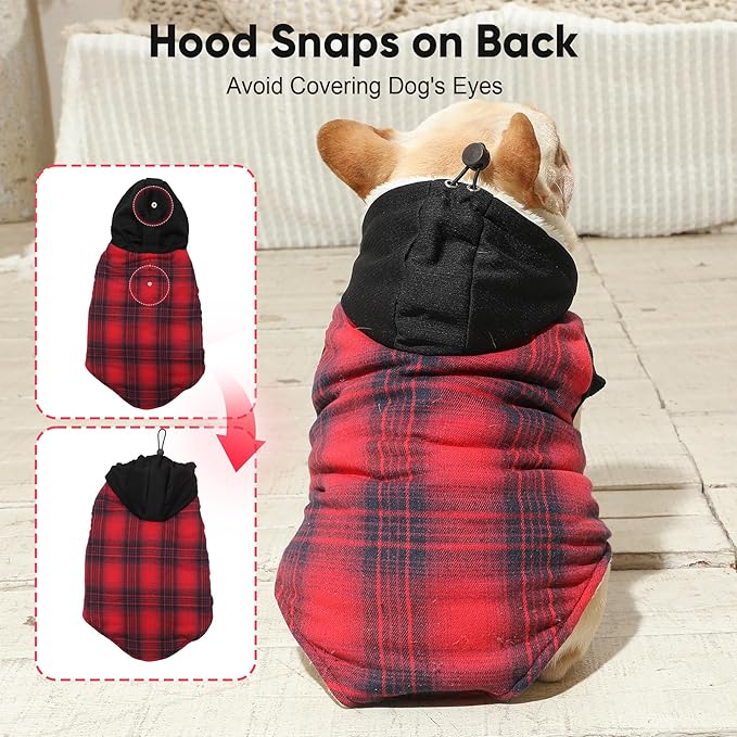 Vecomfy Fleece Lining Dog Hoodie for Small Dogs Extra Warm Plaid Sweater with Drawstring Hooded Coats in Winter Puppy Jacket,Red XS