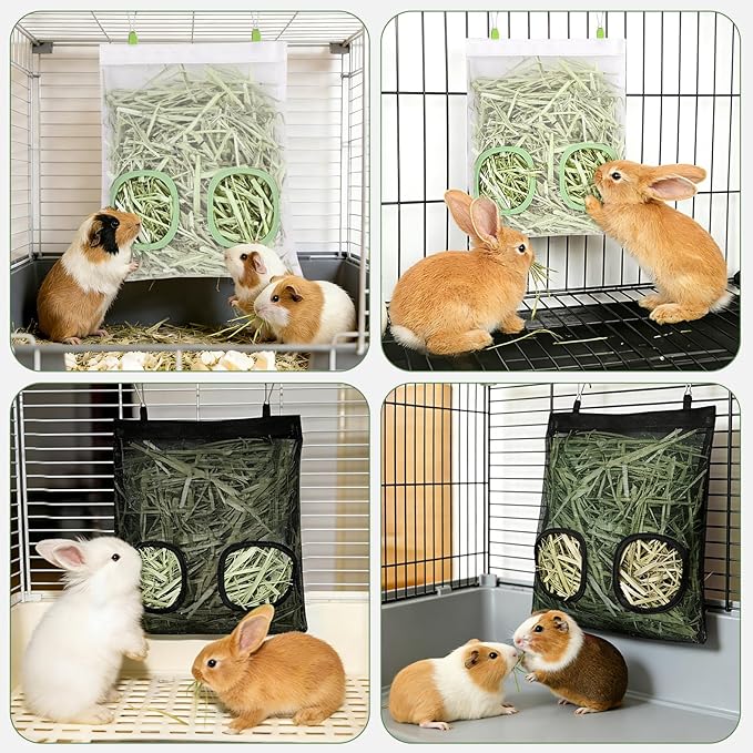 Mesh Guinea Pig Hay Feeder Bag for Guinea Pigs Rabbits Chinchillas, Hanging 2-Hole Hay Dispenser Breathable Wear-Resistant (White)