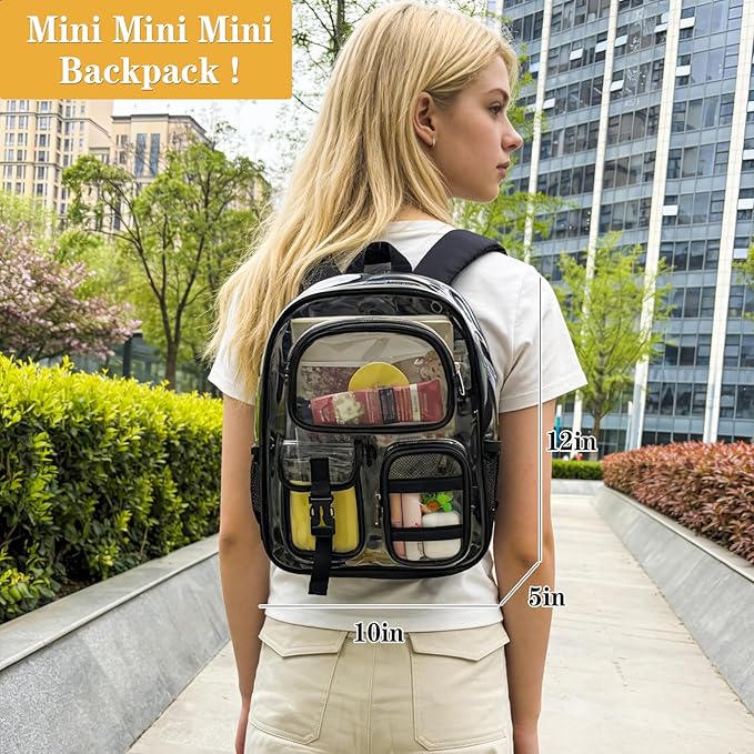 Mini Clear Backpack for Stadium Approved 12x6x12, Small Transparent Backpacks Plastic See Through Clear Bag for Kids Girls Women for Sporting Event, Concerts, Work, Festival (Black)