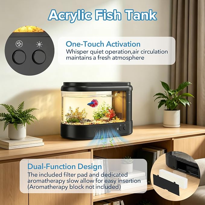 Betta Fish Tank Black 1 Gallon Acrylic Small Aquarium Kit | with Water Filter Pump & LED Light,Quiet Office Desktop Fish Bowl for Small Fish,Plants and Shrimp