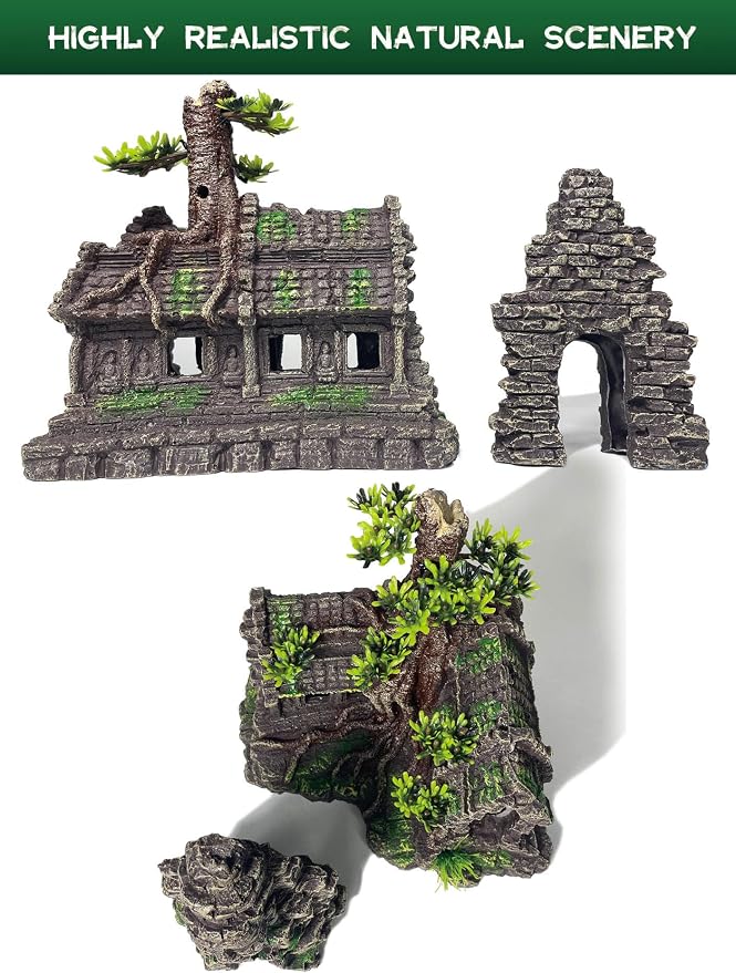Aquarium Decor - Large Fish House Ornament for Fish Tank, Aquarium Hideout with House Texture for Betta, Guppy, Shrimp - Aquatic Hide Decoration, Fish Hiding House（Tree House）