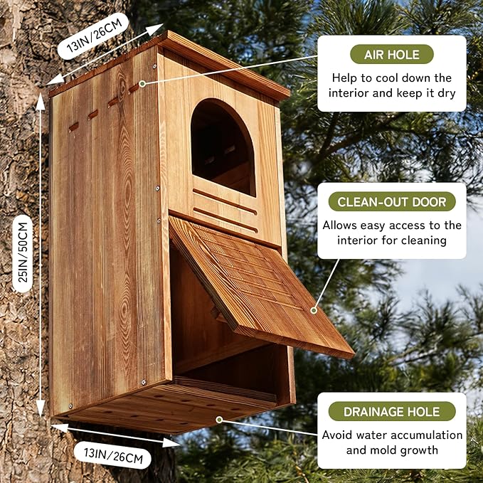 Screech Barred Owl House, 25" Extra Large Owl Bird Box Handmade Wooden Circular Opening for Outside with Mounting Screws and A Bag of Wood Shavings, Easy Assembly Required (Brown, 14"x25")