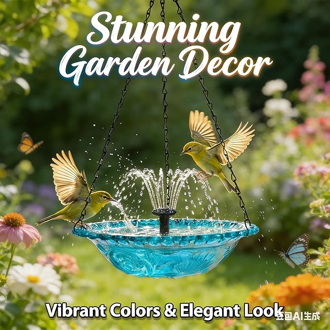 Hanging Solar Bird Bath Fountain with Water Pump, Plastic Basin, 4 Nozzles, Sturdy Metal Chains, Outdoor Garden Decor (Can Spray Water, Blue)