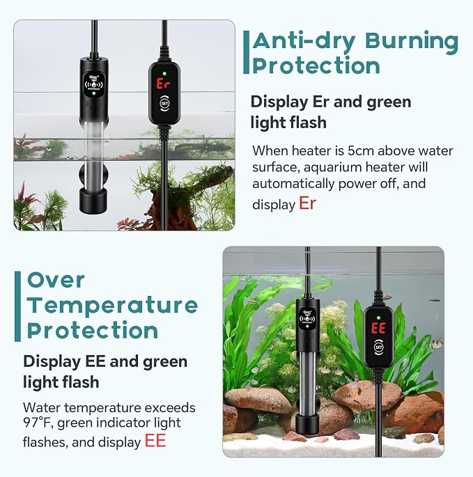 hygger 50W Submersible Aquarium Heater with Digital Temperature Controller, Mini Fish Tank Heater for 5–10 Gallon Tanks, Overheat & Out-of-Water Protection, Freshwater & Saltwater