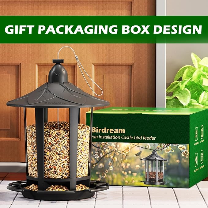 Birdream 4 Pack Bird Feeders for Outdoor Hanging, Assembly Required, 1-Min Easy Setup, Charming Castle Design, Attracting Cardinals Chickadees Goldfinches & Sparrows - Black