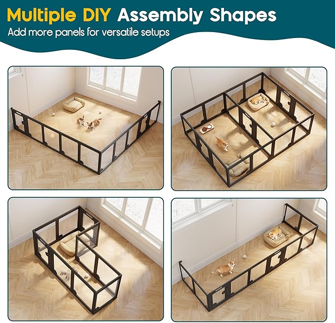 Albott Acrylic Clear Dog Playpen Indoor, Modular Puppy Cat Small Pet Play Pen with 3 Doors, Transparent Fence for Little Dogs, Cats, Rabbits, Easy Assemble and Disassemble, Black (24" H, 17 pcs)