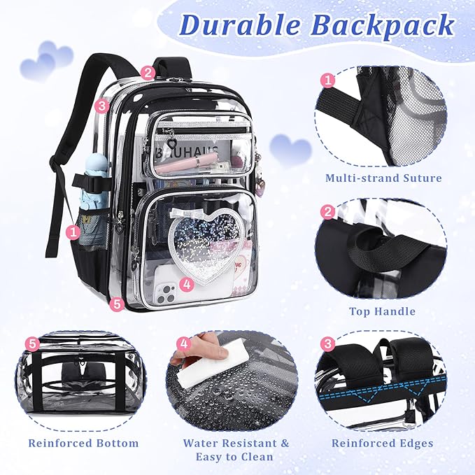 Clear Backpack for School Girls, Cute Heavy Duty PVC Transparent Bookbag, See-Through Bag for Stadium Event Black