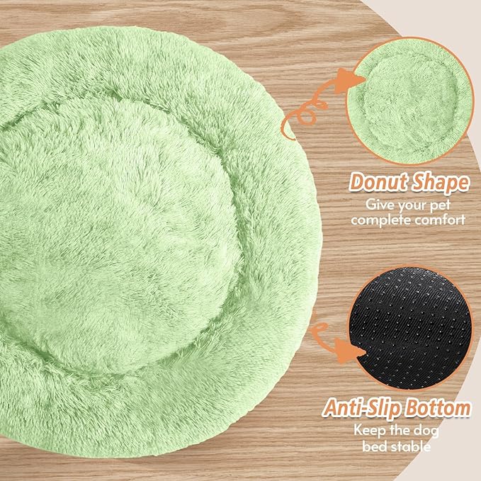 JOLLYVOGUE Calming Dog Bed for Small Dogs - 23 inches Donut Washable Small Dog Bed for Kittens & Puppies, Anti-Slip Round Fluffy Plush Faux Fur Cat Beds (Fits up to 25 lbs Pets, Light Green)