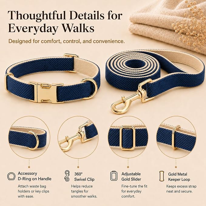 Herringbone Tweed Dog Collar and Leash Set for Large Dogs, Navy Blue | Snag-free, no-rub design. Soft breathable cotton, gentle on fur. Adjustable durable matching combo for walks & outdoors.