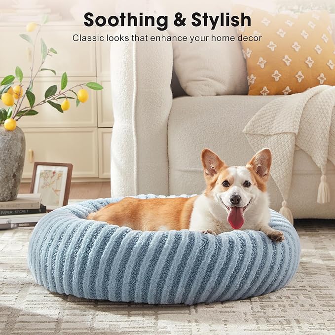 MIXJOY Dog Bed Medium Size Dogs, Washable Medium Dogs Bed with Removable Cover, Cozy Donut Dog Ded Fluffy Plush Faux Fur Pet Bed with Anti-Slip Bottom, 30"x30"x8", Blue