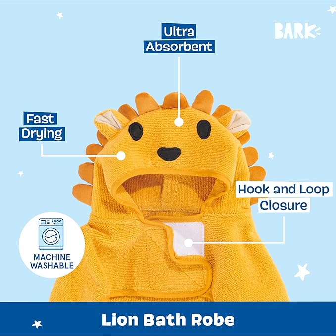 Barkbox Dog Bathrobe Fast Drying with Hook and Loop Closure & Wrap Tie Snuggle, Cute Dogs Clothes, Easy to Clean, Machine Washable, Dog Coats and Tumble Dry Low - Lion, Medium