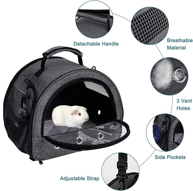 Guinea Pig Carrier, Small Pet Hamster Carrier Bag, Rabbit Bunny Travel Carrier Outdoor Handbag, Breathable Carrier for Small Animals with Water Bottle Holder & Removable Liner (Grey-Large)