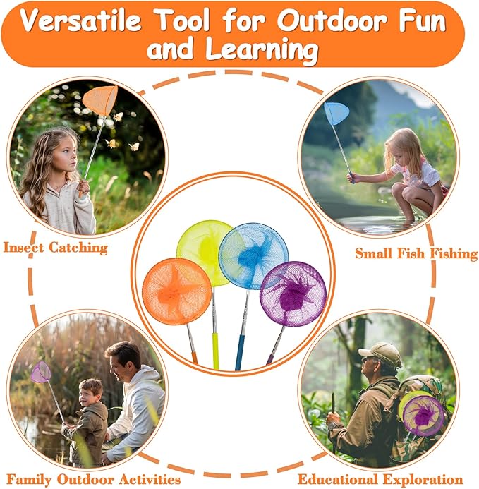 RAINFLOW Telescopic Butterfly Fishing Nets - Butterfly Catcher Catching Insect Net Colorful Outdoor Tools Catching Bugs Fish Insect Ladybird （Extendable 24 inches）