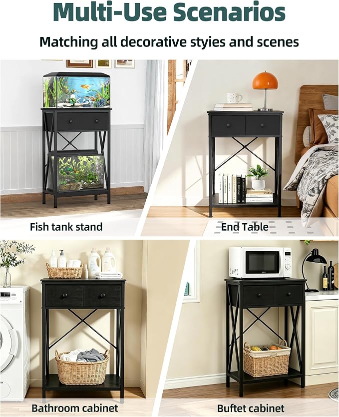 Fish Tank Stand with Drawer, 5-10 Gallon Aquarium Stand Easy Assemble | Stable Metal Frame, 2-Tier Breeder Reptile Turtle Terrarium Table Fits Office Home, 19.4"x11" MDF Tabletop, 220 lbs Capacity
