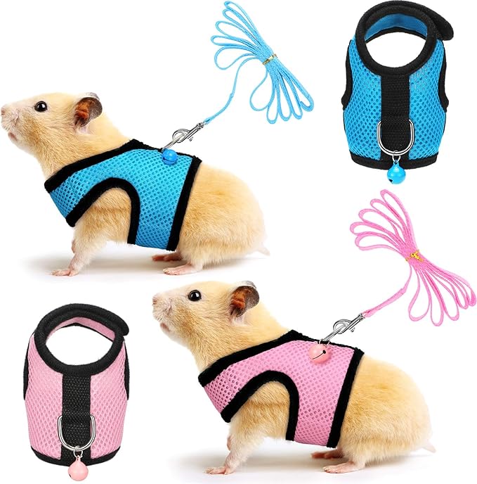 SATINIOR 2 Sets Guinea Pig Harness and Leash Adjustable Soft Mesh Harness Bell No Pulling Comfort Vest for Baby Ferret Rats Hamster Bunny Rabbit Chinchilla and Small Pet(Blue, Pink,XS)
