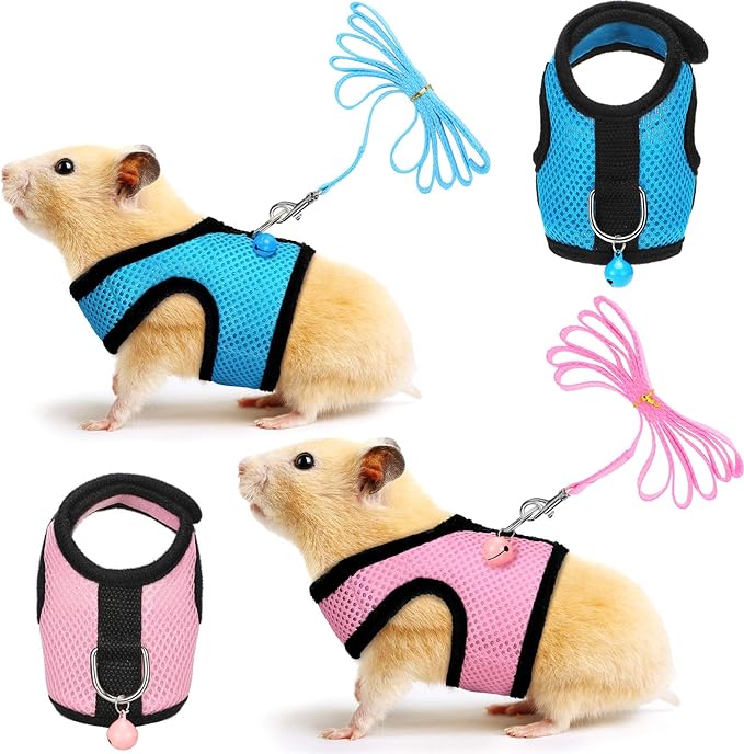 SATINIOR 2 Sets Guinea Pig Harness and Leash Adjustable Soft Mesh Harness Bell No Pulling Comfort Vest for Baby Ferret Rats Hamster Bunny Rabbit Chinchilla and Small Pet (Pink, Blue, S)