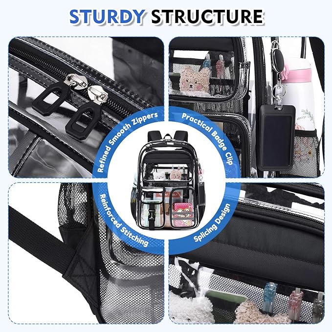 Clear Backpack for School,Transparent Backpack Stadium Events,Heavy Duty Clear Bookbag for Girls,Boys,Work,Sport Black