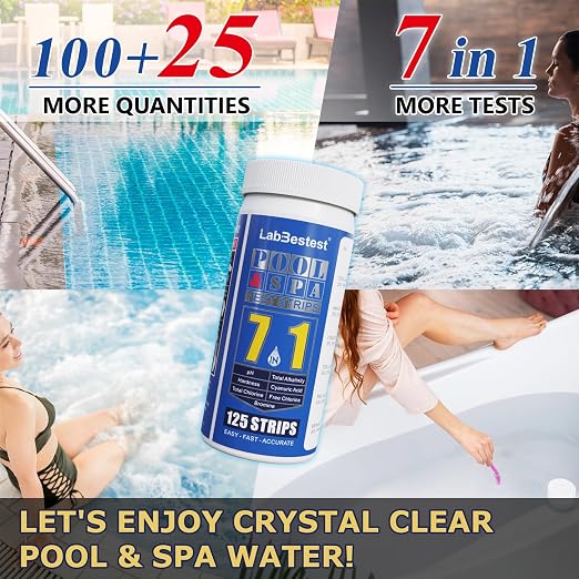 Pool Test Strips Spa Hot Tub Pool Water Testing Kit (7-Way) | Swimming Pool Water Tester Strips Kit - Rapid Accurate Easy to Test pH, Hardness, Cyanuric Acid, Chlorine, Bromine, and More