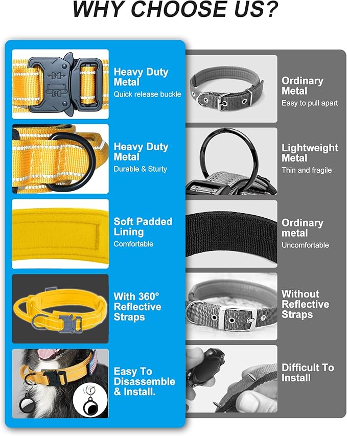 AUBELL Reflective Tactical Dog Collar,Adjustable Military Heavy Duty K9 Collars with Handle and Quick Release Metal Buckle Great for Large Dogs, with Airtag Case and 2 Patches (Yellow,L)
