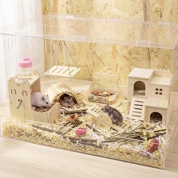 BreezeHug 6 Pcs Hamster Wooden Hideouts Hamster Houses Feeder and Waterer Chinchillas Chew Cage Accessories Activity Enrichment for Rats Gerbils Small Animals Habitat