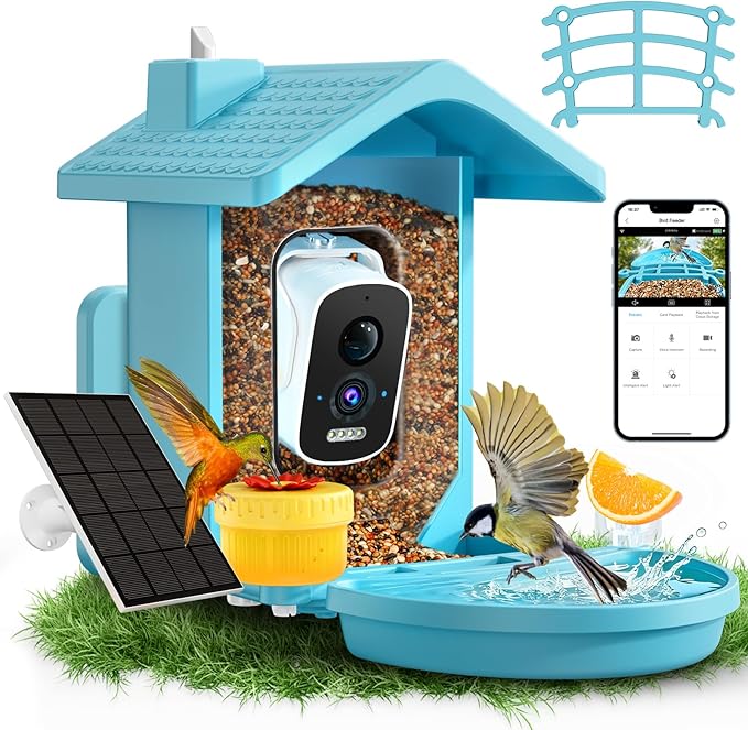Smart Bird Feeder with Camera Solar Powered, AI Birds Species Identification, 2.5K HD Video Bird House with Camera for Outside, Weatherproof Design Ideal Gifts for Christmas, Bird Lovers, Blue