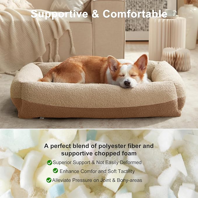 FURTIME Dog Bed Large Sized Dogs, Washable Comfy Fluffy Medium Dog Bed, Removable Zipper Cover Machine Wash, Soft Orthopedic Bed Durable Pet Cuddler with Anti-Slip Bottom, 36"x27"x8",Beige