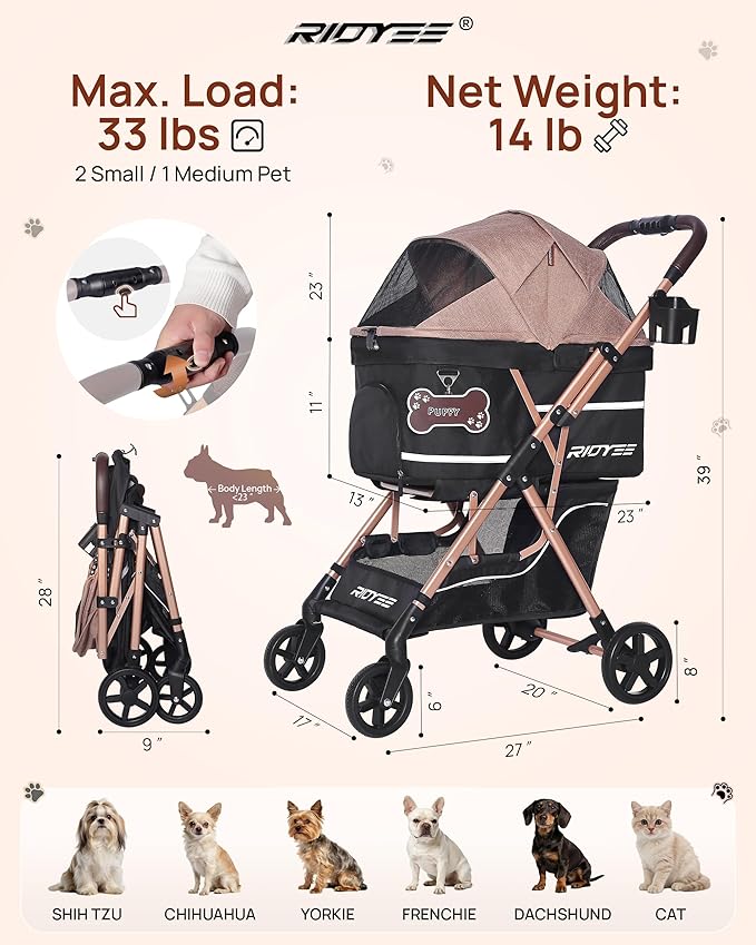 RIDYEE Dog Stroller, Foldable & Lightweight Pet Stroller for Small Medium Dogs & Cats up to 33 lbs, All-Terrain Shock Absorbing Wheels, Fully Ventilated, Storage Basket & Cup Holder