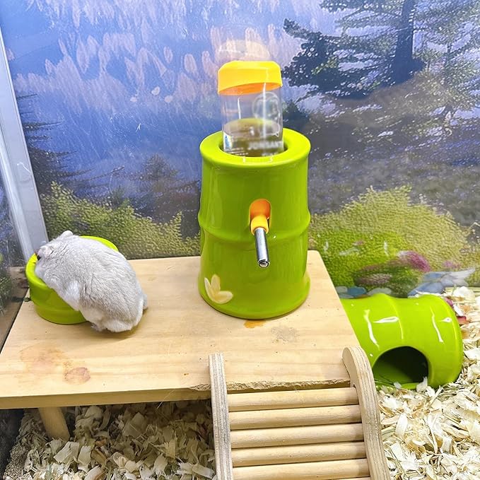 Hamiledyi Ceramic Hamster Hideout Food Bowl Water Bottle Stand Holder Dispenser Syrian House and Habitats Hide Hut Bed Cage Accessories Decor for Mice Dwarf Hamster Gerbil Rat