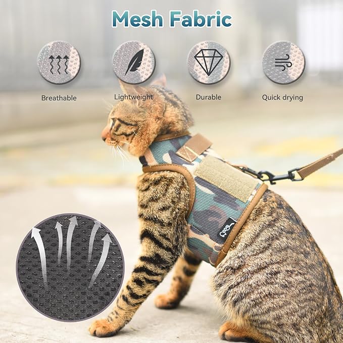 Tactical Kitty Harness and Leash for Walking Escape Proof Breathable Mesh Fabric, Green Jungle Camo, Small, Adjustable Cat Walking Jackets, Padded Stylish Cat Vest