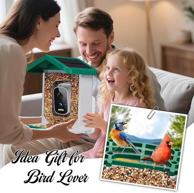 Smart Bird Feeder with Camera, AI Bird Species Identification Solar Powered Panel, 2.5k HD Video Bird House with Camera for Outside Garden, Ideal Gifts for Lover,Valentine's Day, Green