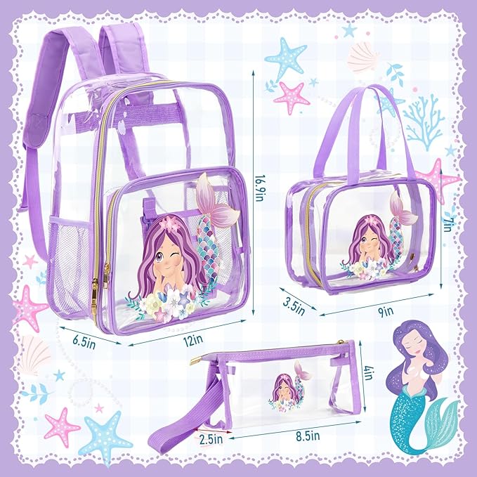 Kacctyen 3 Pcs Clear Backpack Heavy Duty Clear Stadium Bag Transparent Backpack with Lunch Bag(Purple,Mermaid)