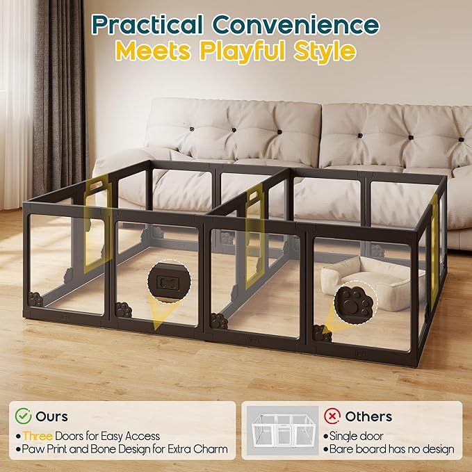 Albott Acrylic Clear Dog Playpen Indoor, Modular Puppy Cat Small Pet Play Pen with 3 Doors, Transparent Fence for Little Dogs, Cats, Rabbits, Easy Assemble and Disassemble, Black (24" H, 17 pcs)
