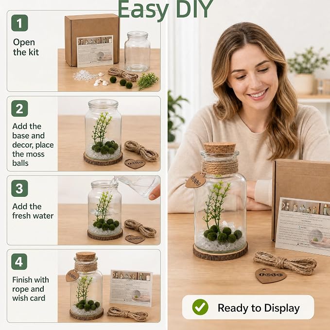 Moss Balls Glass Terrarium Kit - 7 Pcs Glass Terrarium Decor with White Crystal, DIY Aquarium and Home Decor for Desk and Room Styling
