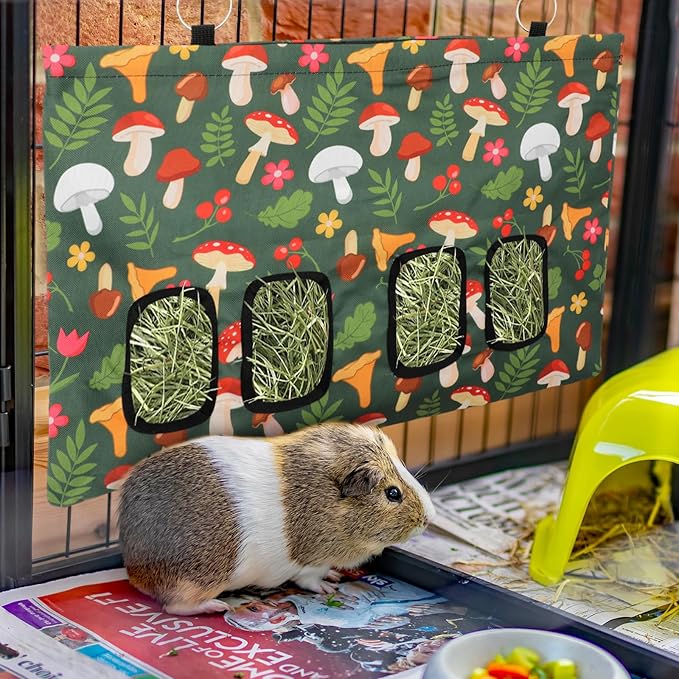 JarThenaAMCS Rabbit Hay Feeder Bag with 4 Holes Mushroom 18 x 12 Inch Guinea Pig Hanging Hay Feeding Bag Storage Dispenser for Chinchilla Hamster Bunny Small Animal Pet