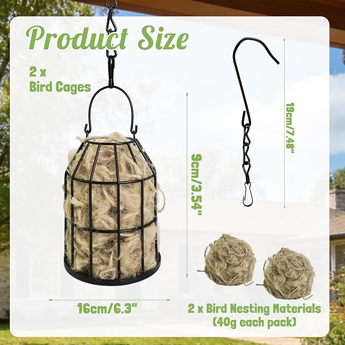 Bird Nesting Material Holders, 2 Pack Refillable Hummingbird Nest Cages Sets with Natural Mixing Cotton Material for Wild Birds, Outdoor Indoor Patio Garden Hanging Decor for Bird Lovers