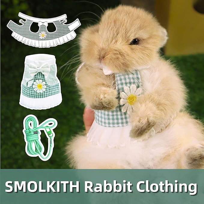 SMOLKITH Rabbit Clothes - Bunny Adjustable Checkered Dress with Leash, Small Animal Apparel for Walking - Fits Guinea Pigs, Chinchillas, Meerkats, Prairie Dogs, Pet Rats (Green Mini Gingham Dress)