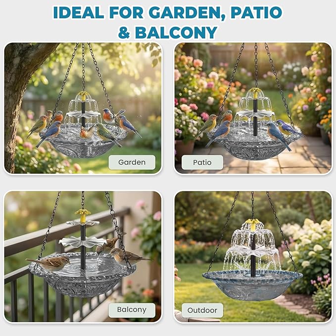 Solar Fountain for Bird Bath, Hanging Cascade Water Feature for Outdoor Garden & Yard Decor, Creates a Relaxing Flow that Attracts Birds (Gray)