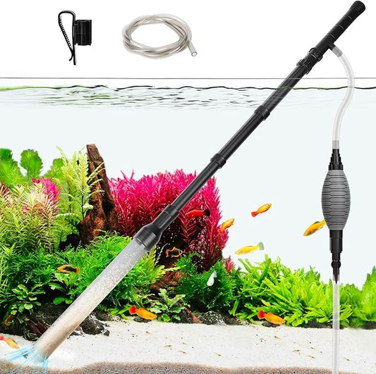 AQQA Gravel Vacuum for Aquarium Siphon - Adjustable Flow Fish Tank Cleaner with Handle, Manual Siphon Pump Water Changer Sand Rock Suction Cleaner, Upgraded Hard Hose with Threaded Connection (L)