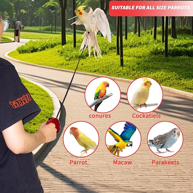 Retractable Bird Leash, 9.8ft Anti-Bite Bird Harness, Adjustable Parrot Harness with 3 Sizes Foot Rings, Outdoor Flying Harness for Macaws, Cockatiels, Macaws, Conures, Parrot, Parakeet