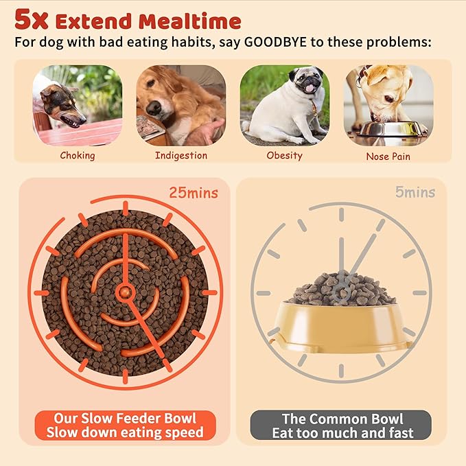 Elevated Slow Feeder Dog Bowl Large Breed, 8.8 Inch Ceramic Slow Eating Bowl with Bamboo Stand, Anti-Choking Raised Maze Design for Medium to Large Dogs, 3.2 Cup, Orange