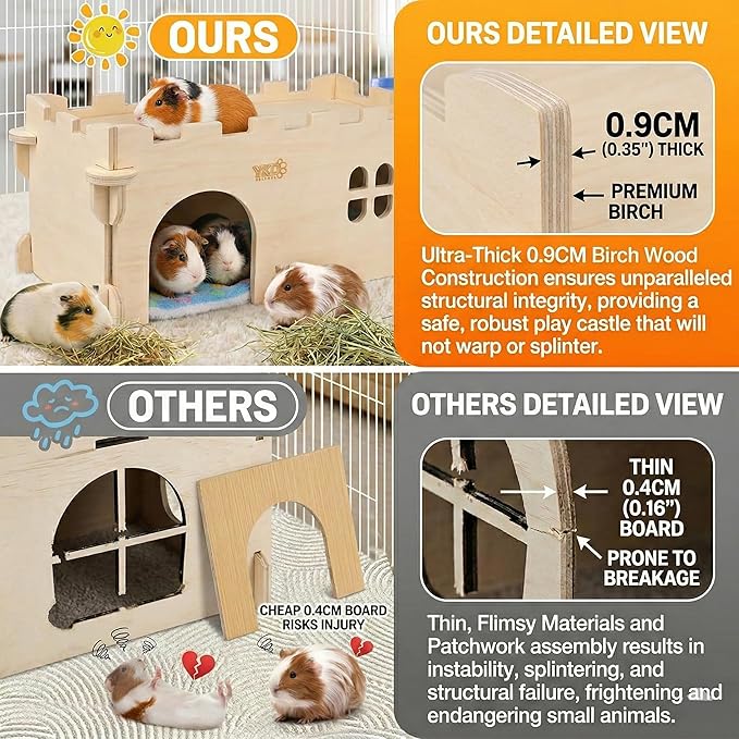 Castle Chinchilla House, Small Animal Hideout for Chinchilla, Guinea Pig, Hedgehog, or Rat, Ventilated Wooden Guinea Pig Hut Habitat with Multiple Doors (Large)