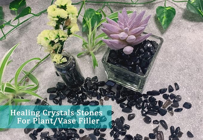 Natural Black Obsidian Crystal Quartz Rocks Chips Vase Filler Rocks for Succulent Plant Small Fish Tank Aquarium Gravel Decorative Pebbles Stones(200 gram)