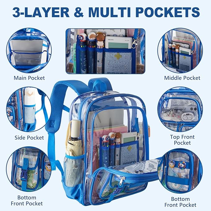 Clear Bookbag with Chest Strap, 17" Heavy Duty See Through Backpack with Anti-theft Hook & S-shaped Shouler Straps, Large Clear Bags for Work Sport School Travel